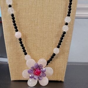 Milky Quartz, Amethyst, Pink Tourmaline & Black Obsidian Necklace w/ 925 Clasp